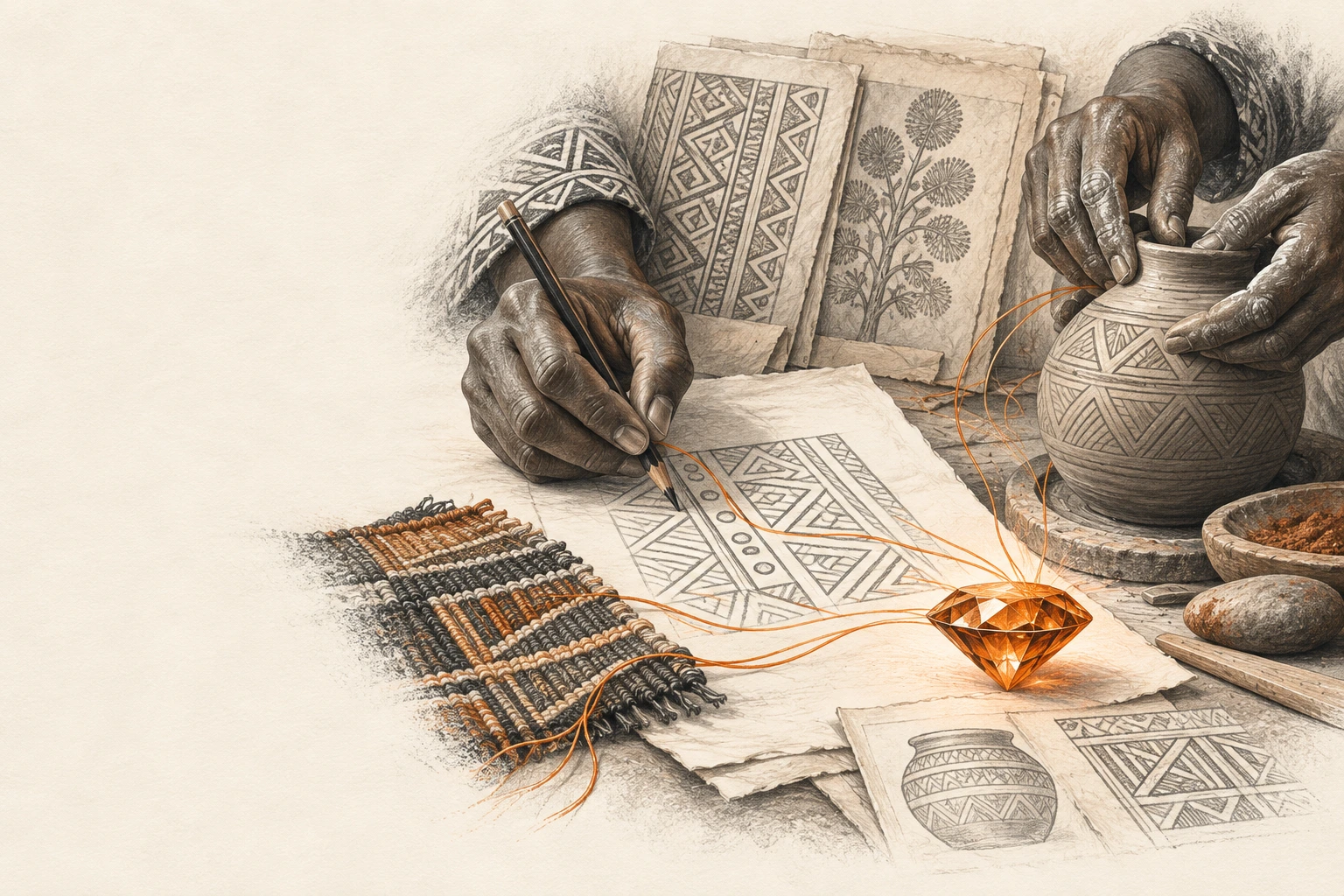 Pencil illustration of African makers drawing textile designs and shaping pottery, with an orange diamond representing ownership of their creative work.